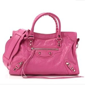 Auth Balenciaga Classic City Bag Pink Agnea leather Satchel Strap + Mirror